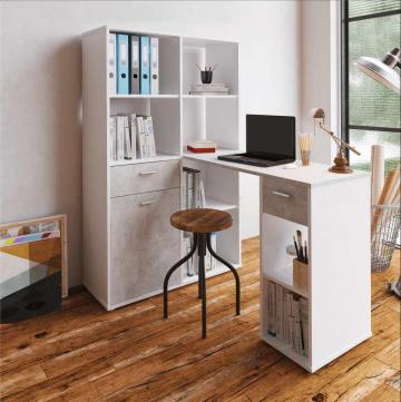 Rohový PC stůl s regálem, bílá / beton, MINESON
