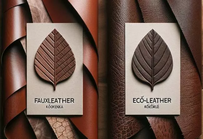 Fotografie dvou odlišných vzorníků vedle sebe: jeden z tradiční umělé kůže (koženka) s typickou texturou a leskem a druhý z ekokůže (ekokůže) zdůrazňující její udržitelné vlastnosti a povrchovou úpravu.